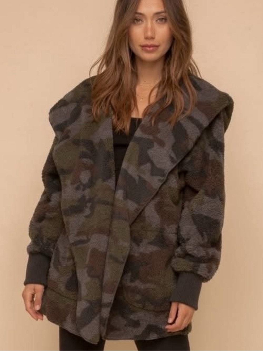 Mystree Camo Sherpa Cardigan Jacket in Green and Gray